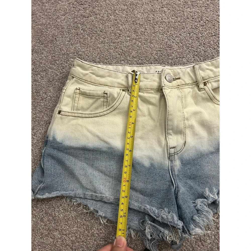 Vintage High Rise Festival Shorts Womens 27 Blue‎ Cream Dip Dye Raw Hem Denim